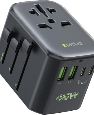 EPICKA Pulse 45W European Travel Plug Adapter, Universal Power Adapter with PD Fast Charging, 5-Port (1 AC/2 USB-A/2 USB-C) International Charger Adapter for Europe, Japan - Travel Essentials (Black)